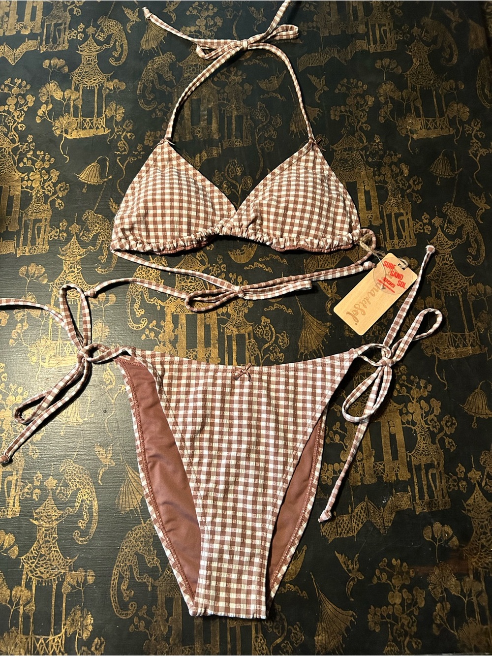 NWT Cabana Del Sol Gingham Coffee Bikini 2 Piece Swim Medium